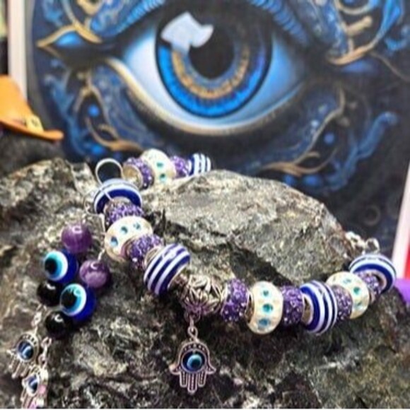 Hamsa Hand Evil Eye Gemstone Charm Earrings & Bracelet Set - Picture 4 of 10